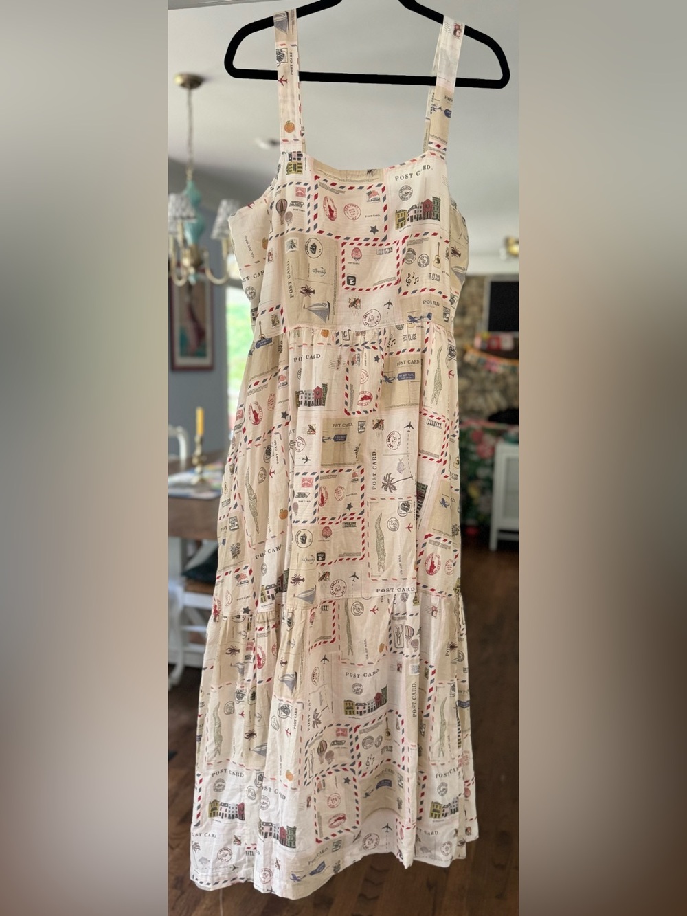 Pink Chicken Sierra Midi Dress Vintage Postcard Print Sleeveless Smocked Maxi